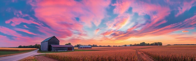 Vibrant sunset over Highway 76 with cornfields and barns showcasing Iowa's rural charm