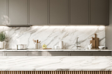 Elegant modern kitchen with marble counter top. Blurred kitchen background. 3d render.