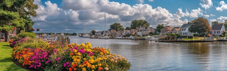 Charming waterfront view of historic St Michaels, Maryland with vibrant flowers and boats on a sunny day