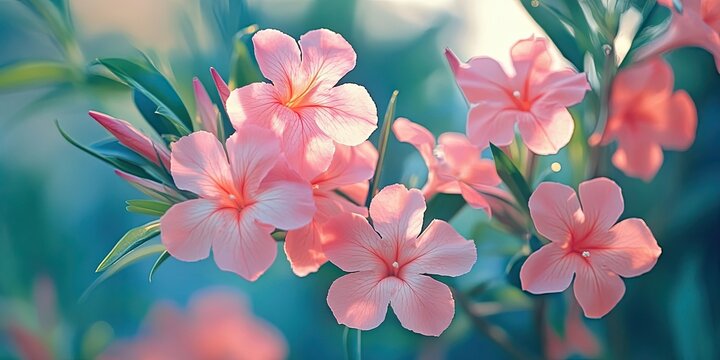 Stunning nerium oleander flowers showcase their beauty, creating a vibrant scene. The captivating colors of nerium oleander flowers add charm and allure to the landscape.