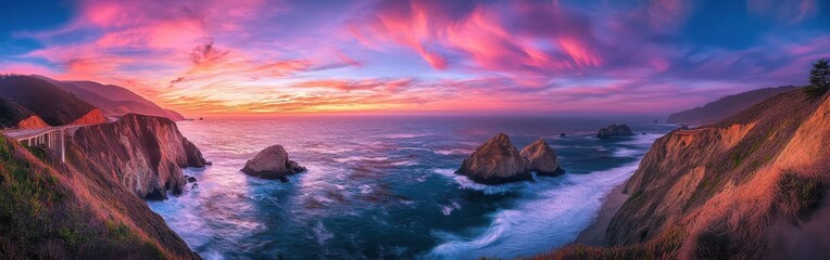Coastal beauty of Big Sur at sunset with dramatic cliffs and crashing waves along the Pacific Coast Highway