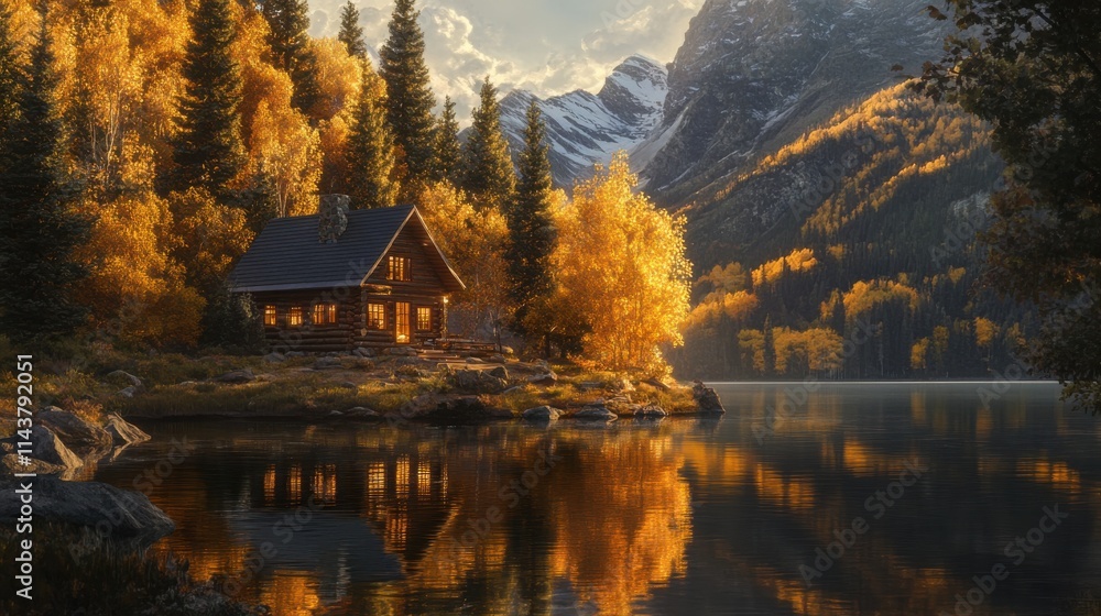 Poster charming log cabin by a mountain lake in autumn sunlight with vibrant trees reflecting on the water