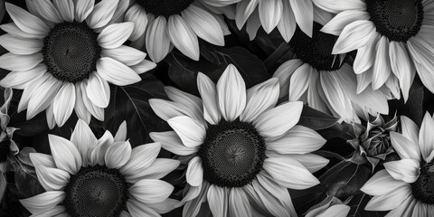 Black and white representation of sunflowers, showcasing the intricate details and textures of sunflowers in a monochrome aesthetic that emphasizes the beauty of sunflowers.