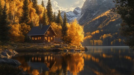 Fototapeta premium Charming log cabin by a mountain lake in autumn sunlight with vibrant trees reflecting on the water