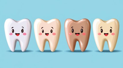 Fototapeta premium Colorful cartoon teeth smiling joyfully in a playful illustration for dental health awareness and children\'s education