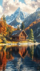 Fototapeta premium Charming log cabin by a mountain lake surrounded by vibrant autumn trees and a stunning backdrop of snow-capped peaks