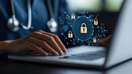 Healthcare professional using laptop with digital security icons, emphasizing data protection and privacy in medical settings. image highlights importance of cybersecurity