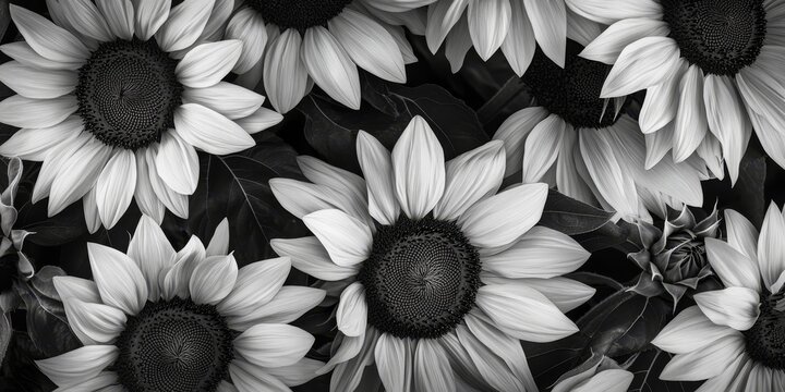 Black and white representation of sunflowers, showcasing the intricate details and textures of sunflowers in a monochrome aesthetic that emphasizes the beauty of sunflowers.
