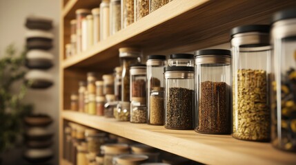 Minimalist pantry arrangement showcasing spices, herbs, and tea leaves in glass containers on wooden shelves