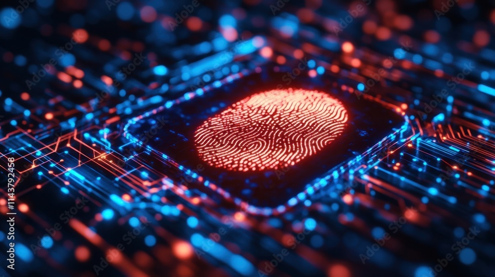 Poster digital fingerprint glowing on a circuit board background showcasing advanced technology and securit