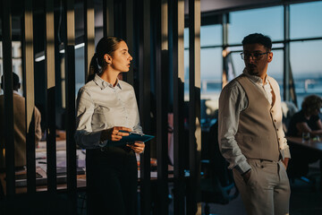 Two diverse business coworkers engaged in a thoughtful discussion in a modern office setting during sunset. The ambient lighting and professional attire emphasize a dynamic corporate environment.