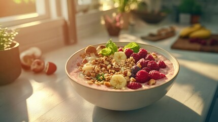 Colorful smoothie bowl with fresh fruits and nuts enhances morning health routine on a bright kitchen counter