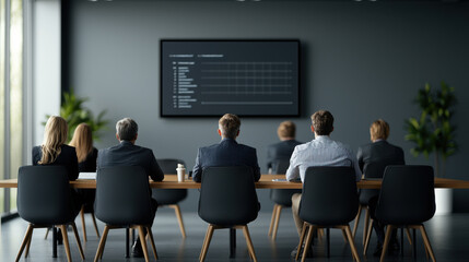 group of professionals in modern conference room, engaged in presentation. atmosphere is focused and collaborative, with large screen displaying data
