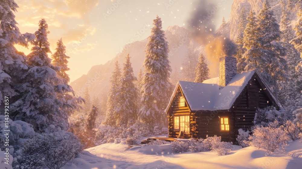 Poster cozy cabin in a snowy forest with golden light glowing from windows creating a winter wonderland atm