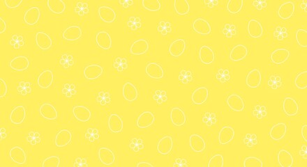 Seamless pattern with white egg and flower outlines on yellow background. Easter and spring design for wallpaper, textile, and cards