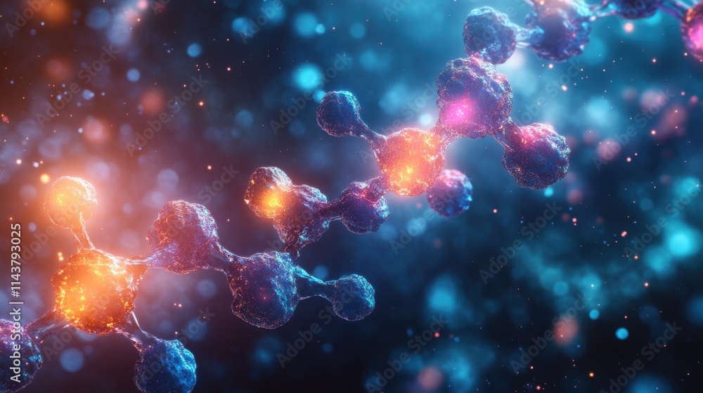 Poster exploring the vibrant world of molecular structures under a cosmic glow in a captivating digital rea