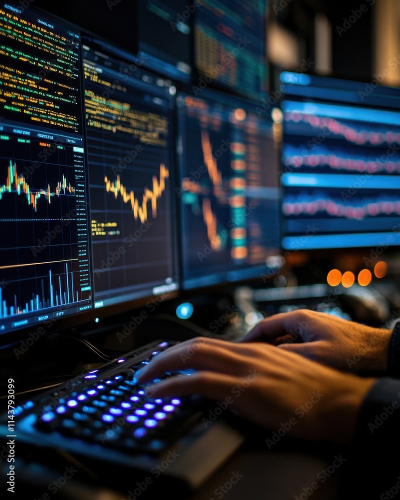 Aufkleber close-up of financial analyst's hands typing as market data and stock charts fill multiple screens