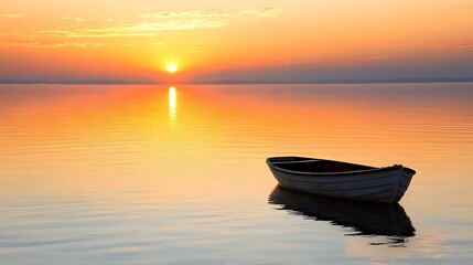 A small boat on a calm lake under a sunrise representing a journey toward endless horizons