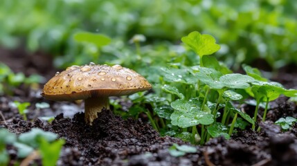 Close-up of a mushroom with water droplets surrounded by green foliage in a garden after rainfall