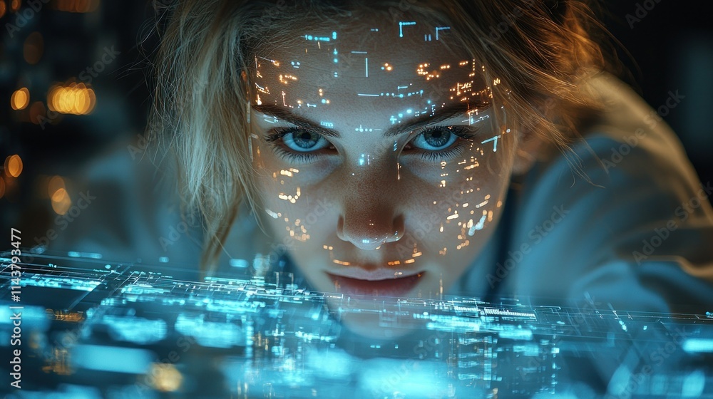 Poster a woman interacts with a digital interface displaying data.