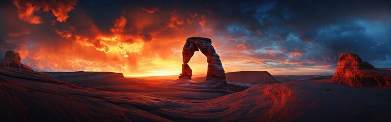 Sunset illuminates Delicate Arch, showcasing the vibrant colors of Arches National Park landscape
