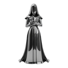 A sleek, metallic figurine of a cloaked figure stands with arms crossed, showcasing a polished surface and elegant design.