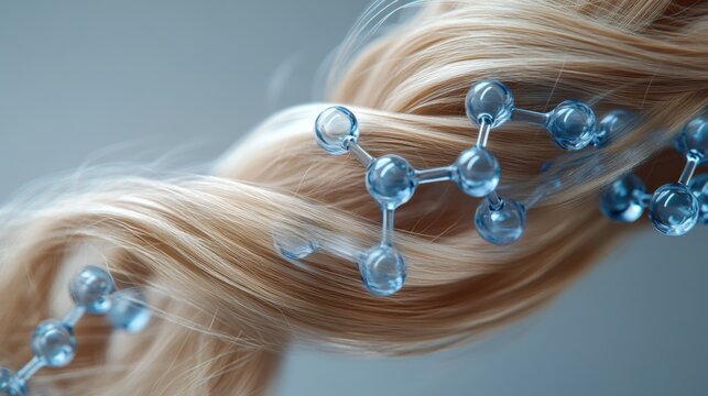 Beauty of hair intertwined with molecular structures depicting science of hair care and biology