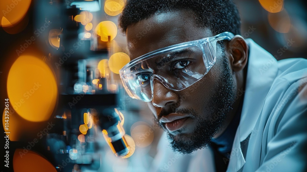 Poster scientist examining samples with a microscope in a lab.