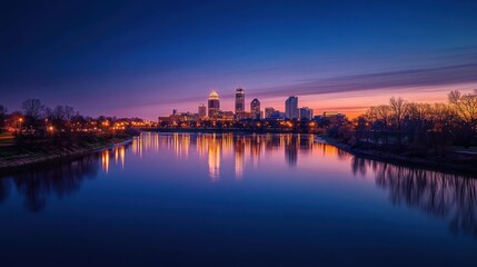 Dusk view of Indianapolis skyline with reflections on the White River highlighting the urban landscape of Indiana's capital