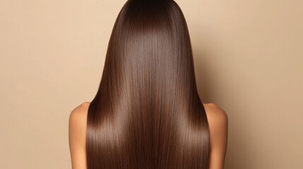 Beautiful hair flowing down a woman's back with a soft, shiny finish against a neutral background