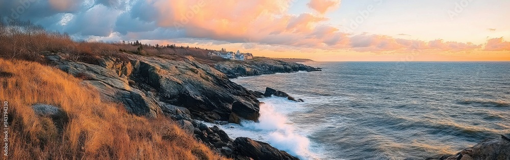 Poster breathtaking view of the atlantic ocean at mohegan bluffs with dramatic cliffs and colorful sunset