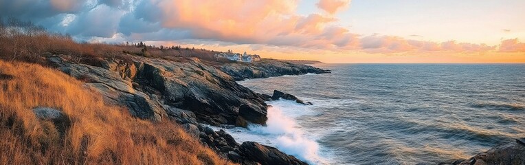 Breathtaking view of the Atlantic Ocean at Mohegan Bluffs with dramatic cliffs and colorful sunset