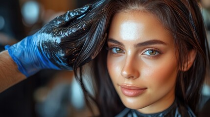 Beautician expertly applying hair color to a young woman\'s locks in a vibrant salon setting