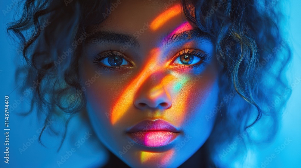 Poster Expressive portrait illuminated by colorful light patterns on a serene face