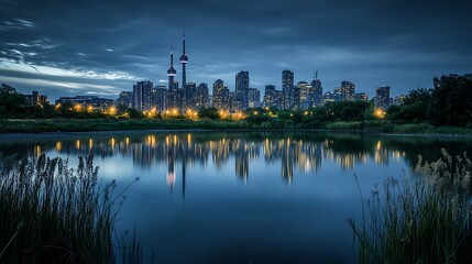 Toronto Skyline at Dusk Reflected in Pond. Urban Landscape, Cityscape, Tranquil Evening.