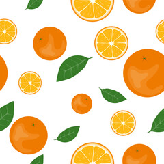 Background image with oranges, orange slices and leaves isolated on white background. Vector, designer illustration.