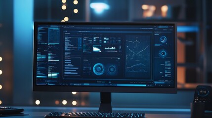 A large monitor displays data analytics, charts, and code at night.