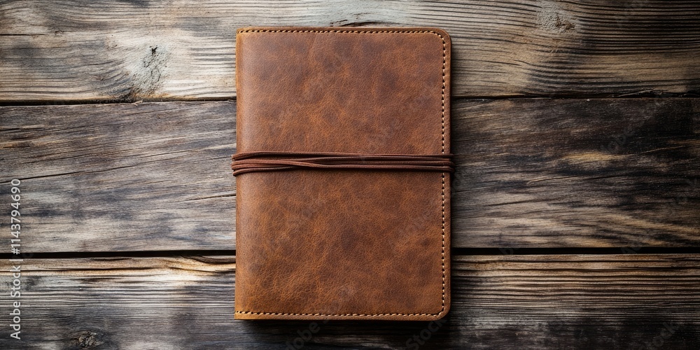 Poster brown notebook displayed on a rustic wooden surface, capturing the essence of a brown notebook s des