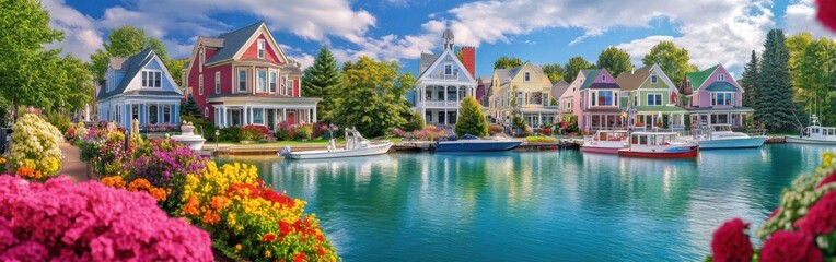 Obraz premium Charming waterfront view of Charlevoix showcasing colorful Victorian homes and vibrant flowers in northern Michigan