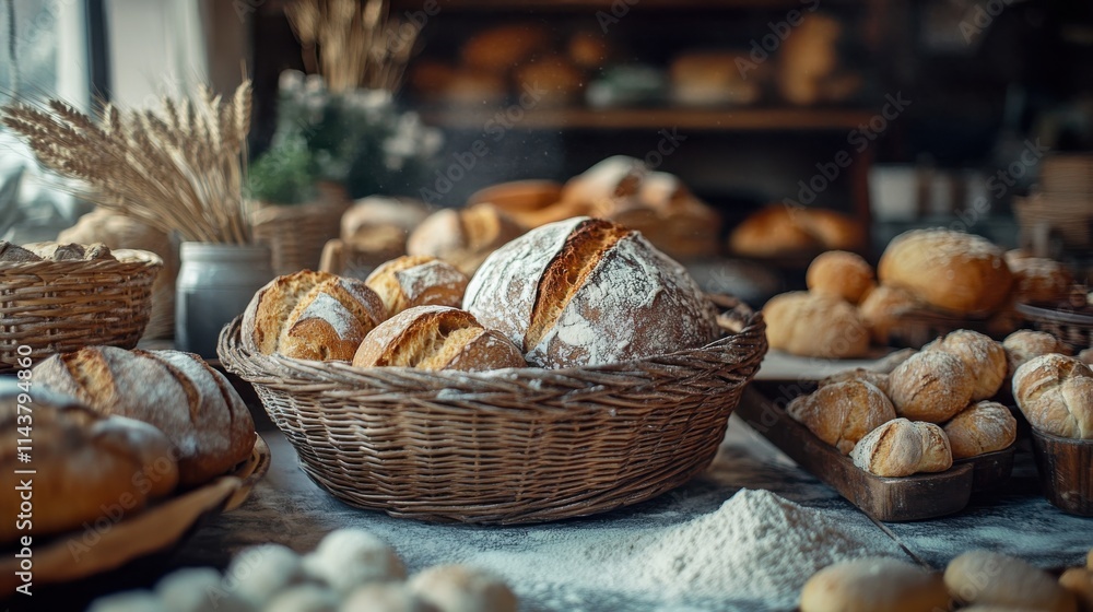 Aufkleber artisanal breads in a rustic bakery display with wicker baskets showcasing a variety of fresh option