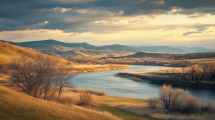 Fototapeta premium Stunning view of the Arkansas River capturing rolling hills and fields during golden hour
