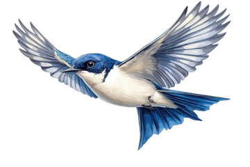 Obraz premium Elegant flying bird with blue and white feathers, isolated on transparent background