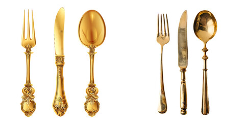 Set of elegant golden fork, spoon and knife. Generative AI.