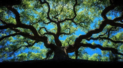 Low angle view of large tree with sprawling branches against a bright blue sky.
