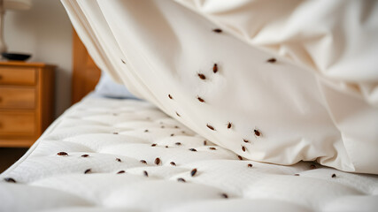 A close-up of a bed infested with numerous small, dark brown bed bugs crawling on the mattress and sheets