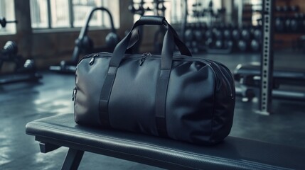 Black duffel bag on gym bench. (1)