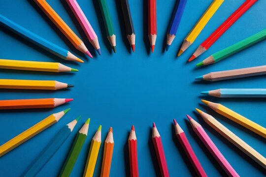 a close up of a circle of colored pencils on a blue surface