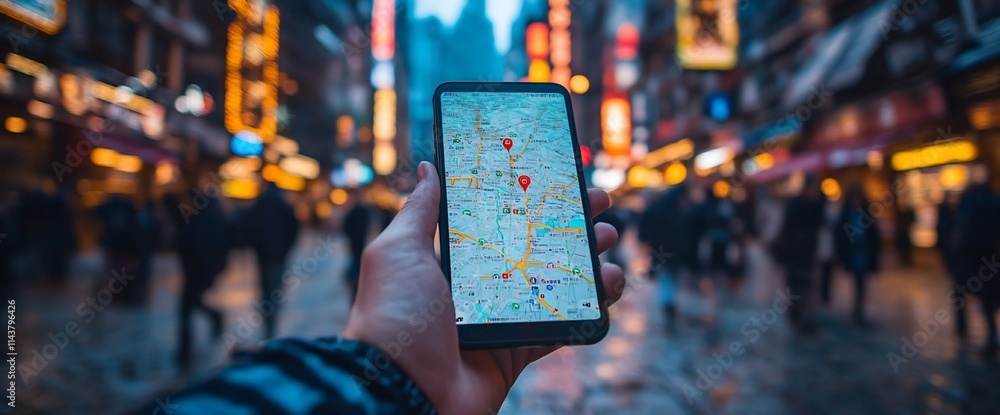 Poster a hand holding a smartphone displaying a map in a bustling urban environment.