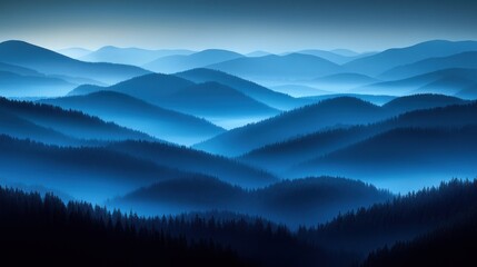 Fototapeta premium Serene blue mountain range at dawn, misty layers.