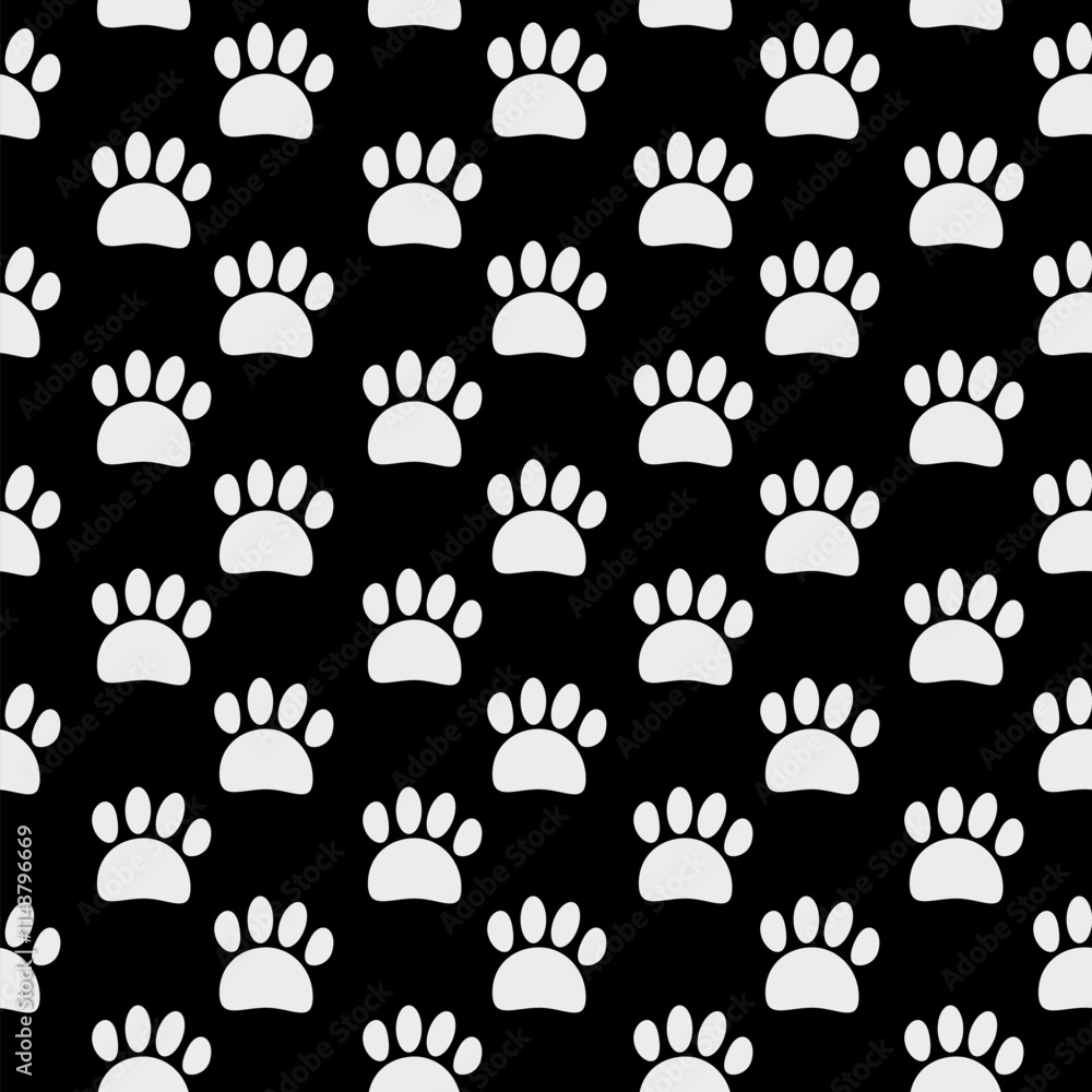 Poster paw print icon isolated seamless pattern on black background